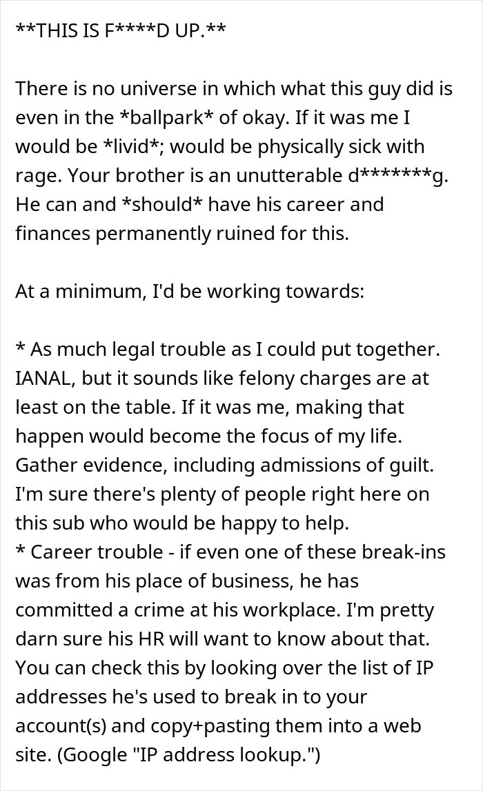 Alt text: Text discussing brother's stalker tendencies causing legal trouble, career issues, and emotional distress for a woman.