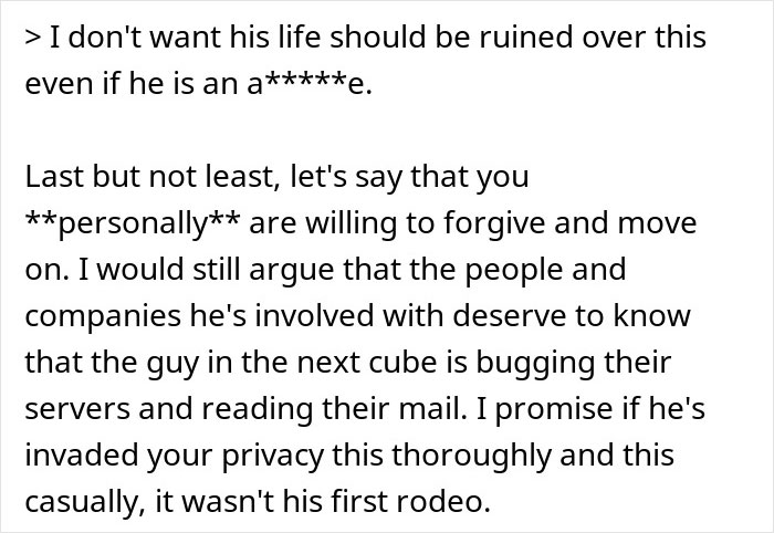 Text excerpt discussing brother's stalker tendencies impacting woman's college, job, and mental health, highlighting privacy invasion concerns.