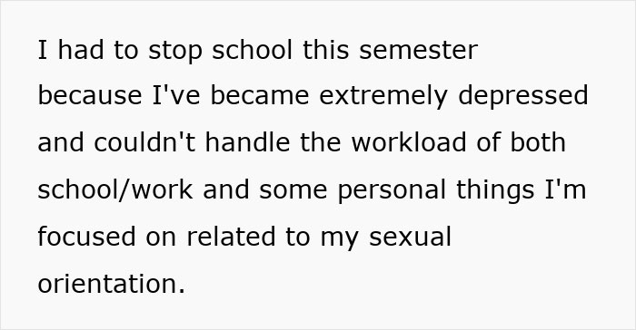 Text excerpt about losing college and job due to brother's stalker tendencies causing extreme depression and stress.