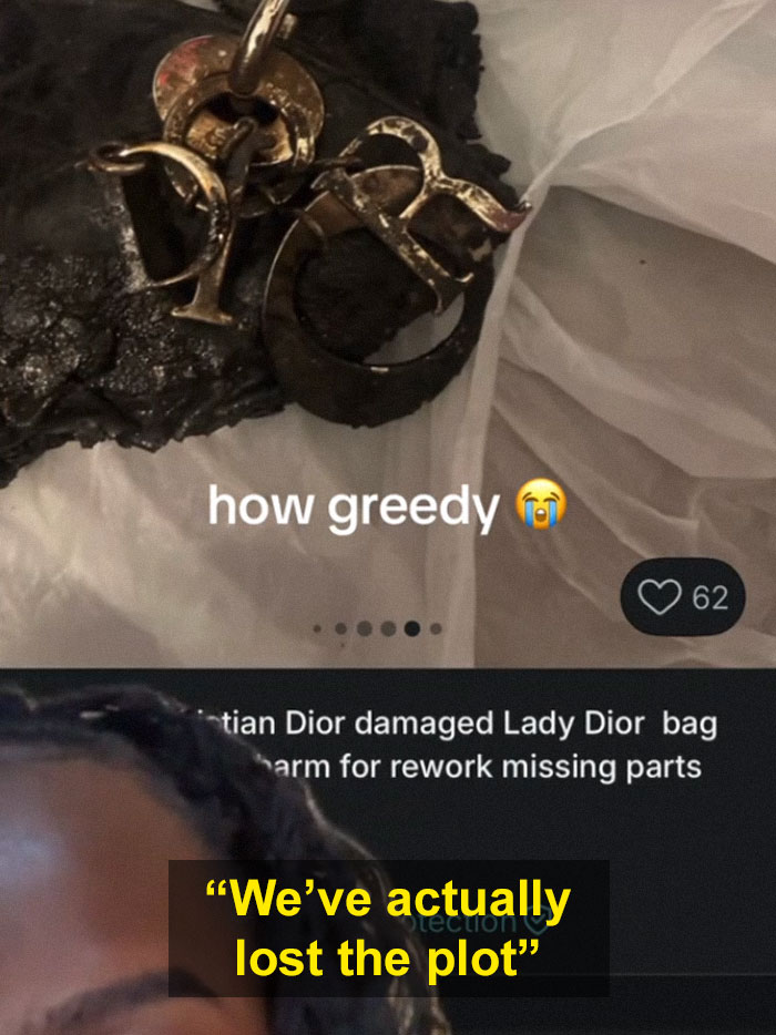 Close-up of damaged Dior handbag charm in viral Vinted listing captioned how greedy with text about lost the plot.