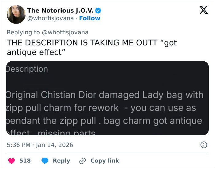 Screenshot of viral unhinged Vinted listing describing a damaged Dior handbag with an antique effect charm.