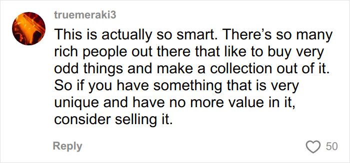 Comment from truemeraki3 discussing the value of selling unique items like a cremated Dior handbag on Vinted.