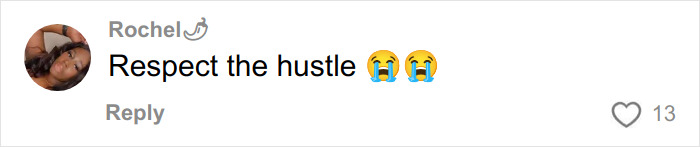 Comment on a social media post with the text Respect the hustle and two crying emojis, reacting to a viral Dior handbag listing.