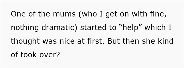 Text on screen showing a mom at a b-day party taking control by rearranging food and correcting a child.