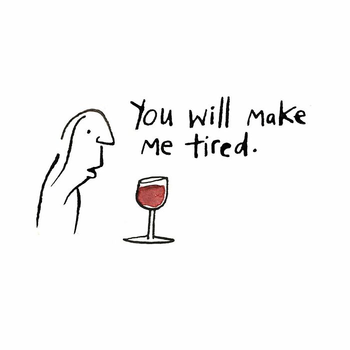 Cartoon by Dana Jeri Maier showing a person looking at a glass, captioned with a funny modern life headache joke.