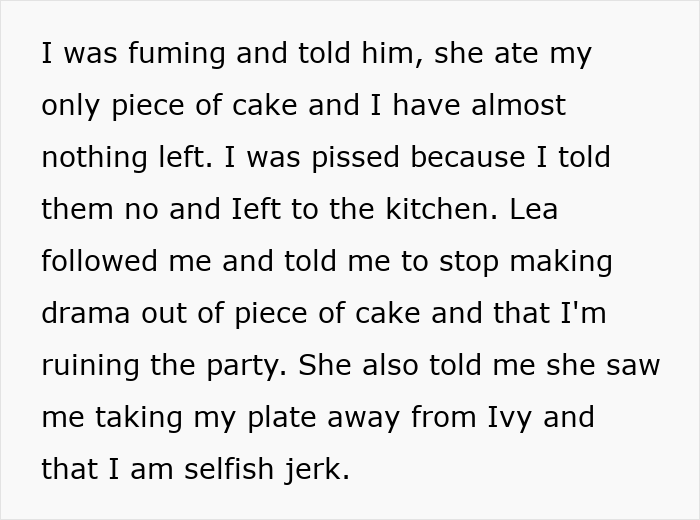 Text about refusing to give food to little niece during a family party, involving cake and feelings of frustration.