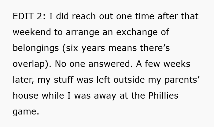 Screenshot of text about arranging exchange of belongings after breakup and Phillies game, referencing breaks off engagement