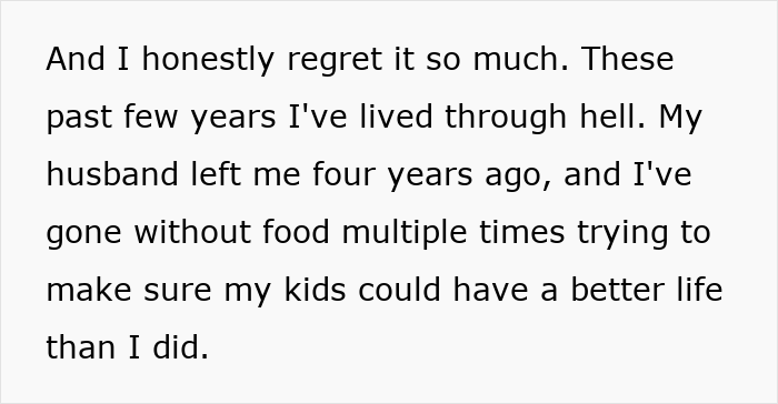 Text from a woman expressing regret and struggles after being disowned for marrying a mechanic, facing hardship at 55 while her rich siblings thrive.