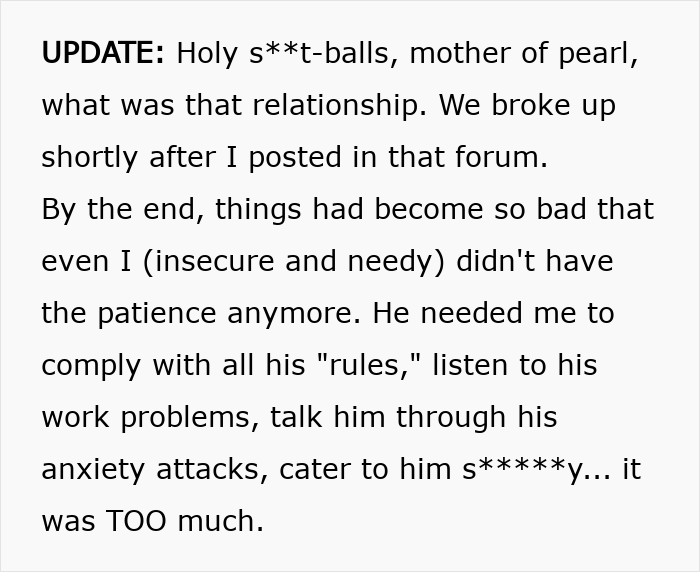 Text excerpt discussing a boyfriend fearing golddiggers and relationship struggles with controlling rules and anxiety.