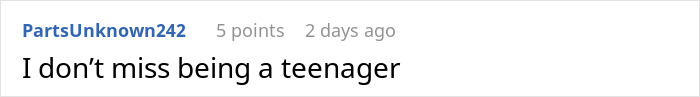Screenshot of a Reddit comment saying "I don&rsquo;t miss being a teenager" related to sister refusing to drive ungrateful brother.