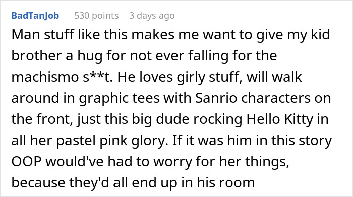 Comment sharing a story about a brother liking girly items and a sister's pink car, highlighting sibling dynamics and car damage.