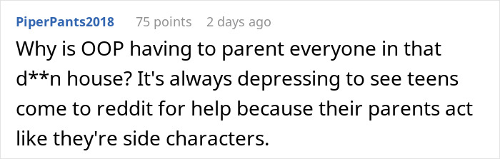 Reddit comment discussing parenting challenges and teens seeking help due to neglectful parents acting like side characters.