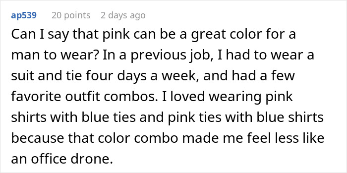 Screenshot of a comment discussing wearing pink shirts and ties, related to a sister refusing to drive ungrateful brother.