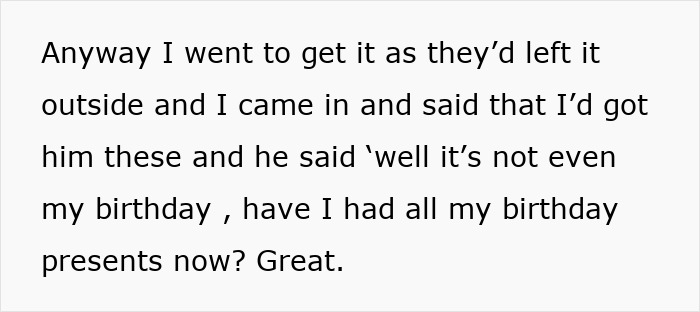 Text excerpt showing a guy mocking his girlfriend&rsquo;s gift after a long work trip, demanding space.