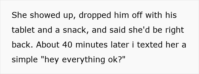 Text conversation describing a mom ghosting her friend after asking to babysit for 20 minutes.