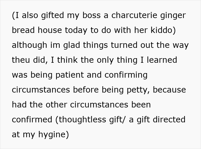 Text showing someone reflecting on gifting a charcuterie gingerbread house and learning patience about passive-aggressive daycare coworker gifts.