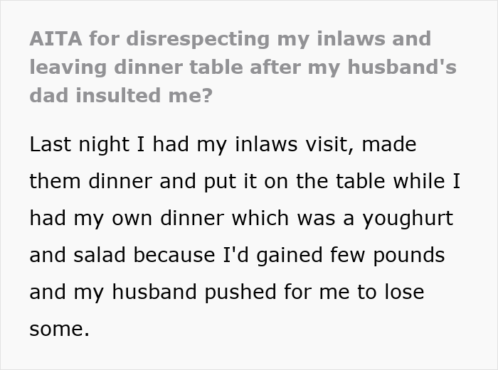 Text excerpt discussing a man calling daughter-in-law fat while husband laughs and defends his father at dinner.