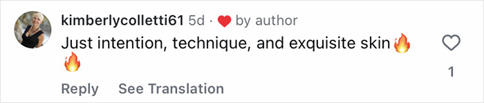 Comment on social media post praising intention, technique, and exquisite skin with fire emojis, related to celeb facialist secrets for Golden Globes glow.