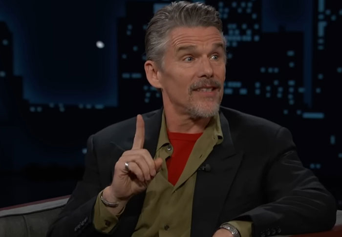 Actor sharing a story during a late night talk show about celebrity infidelity scandals and relationships.