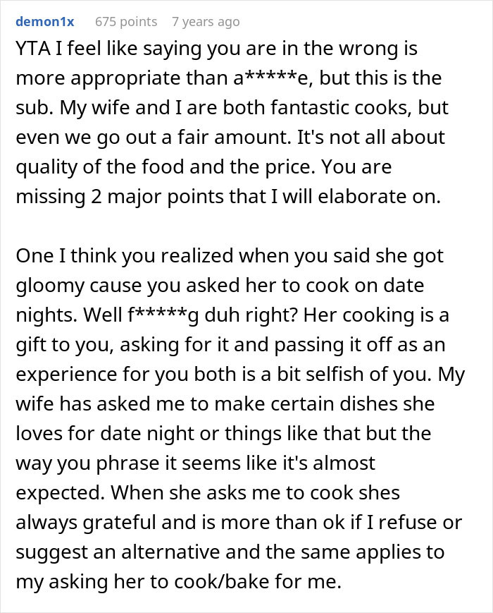 Text post discussing a chef girlfriend and boyfriend not going to restaurants, focusing on cooking dynamics in relationships.
