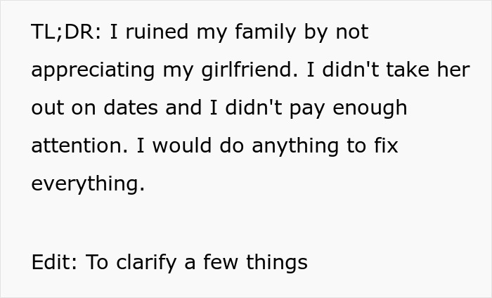Text excerpt describing a boyfriend regretting not taking his chef girlfriend out to restaurants or giving her enough attention.