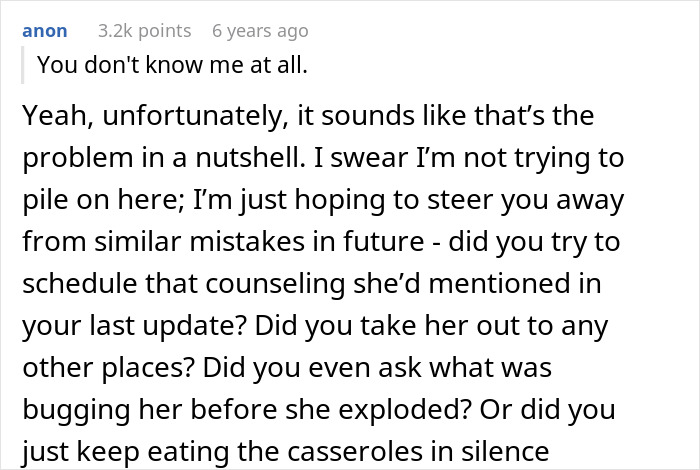 Commenter responding to relationship issues about a chef girlfriend and boyfriend not going to restaurants, offering advice and concern.