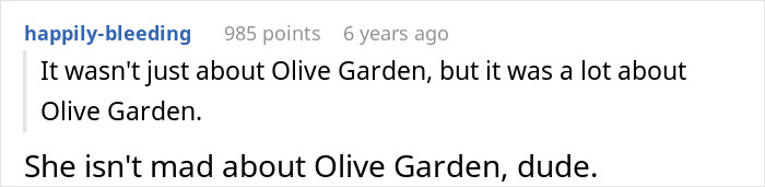Text comment about Olive Garden, reflecting a couple&rsquo;s disagreement over not going to restaurants.