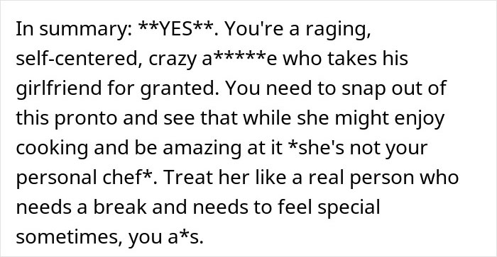 Couple refusing to go to restaurants, focusing on relationship dynamics with a chef girlfriend and boyfriend at home.