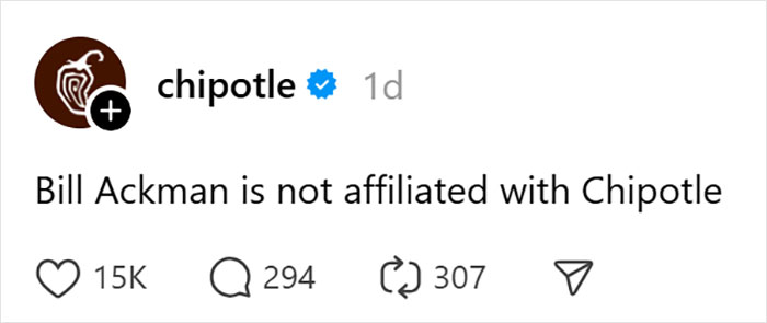 Chipotle&rsquo;s official statement clarifying Bill Ackman is not affiliated with their brand on social media.