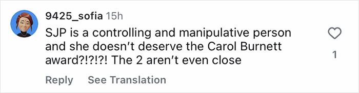 Screenshot of a social media comment calling Sarah Jessica Parker controlling and undeserving of her Carol Burnett award.