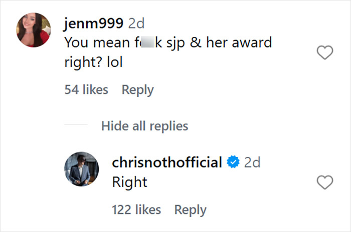 Instagram comment exchange showing Chris Noth’s bold comment after Sarah Jessica Parker was honored for her acting. Instagram comment exchange showing Chris Noth’s bold comment after Sarah Jessica Parker was honored for her acting.