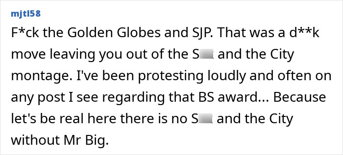 Screenshot of a viral online comment showing Chris Noth’s bold reaction after Sarah Jessica Parker was honored for her acting. Screenshot of a viral online comment showing Chris Noth’s bold reaction after Sarah Jessica Parker was honored for her acting.