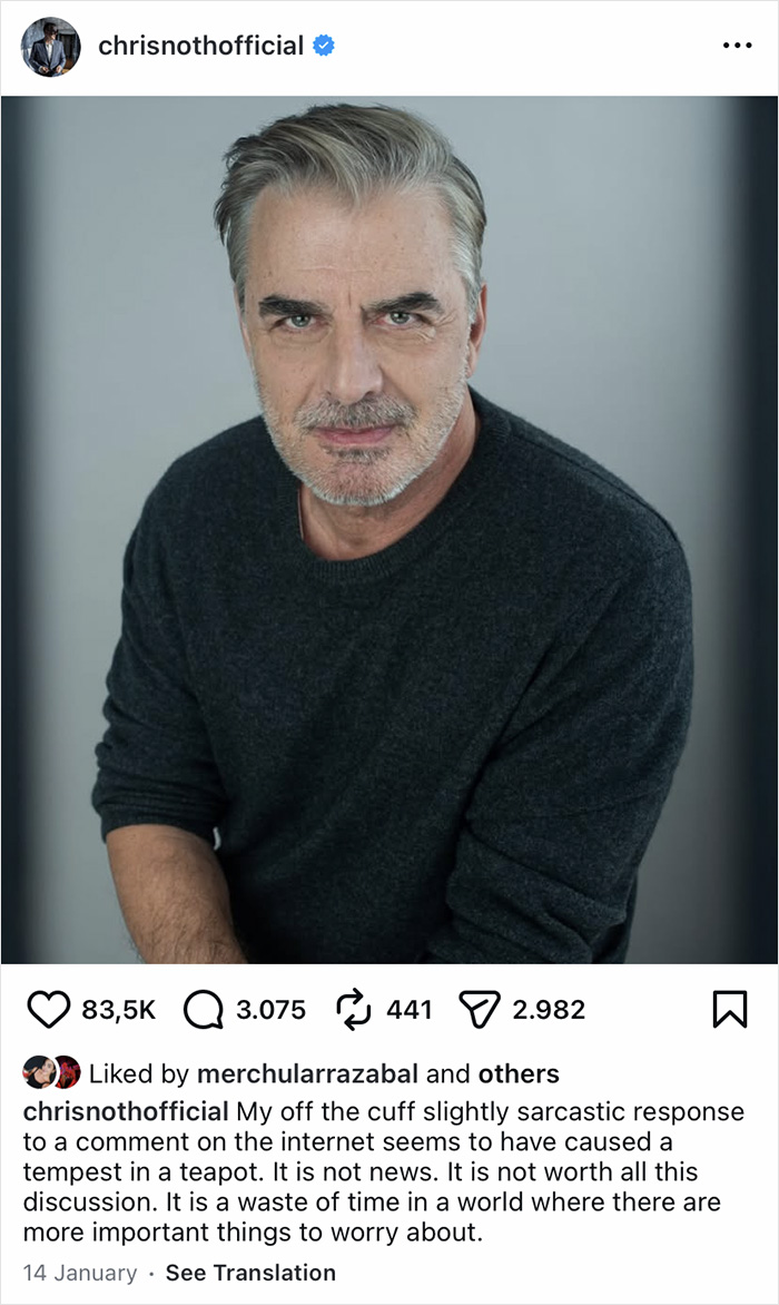 Chris Noth in a dark sweater, sharing his perspective on why he and Sarah Jessica Parker are no longer friends.