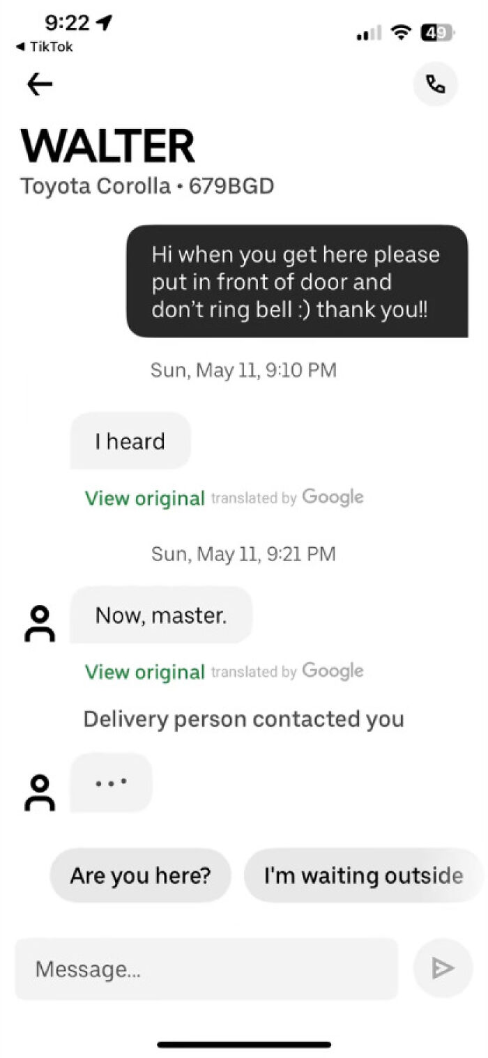 Screenshot of funny Uber driver texts showing a conversation about delivery instructions and driver waiting outside.