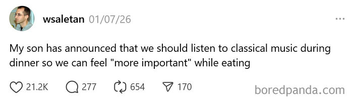 Screenshot of a tweet showing an unintentionally comedic parenting moment about listening to classical music at dinner.