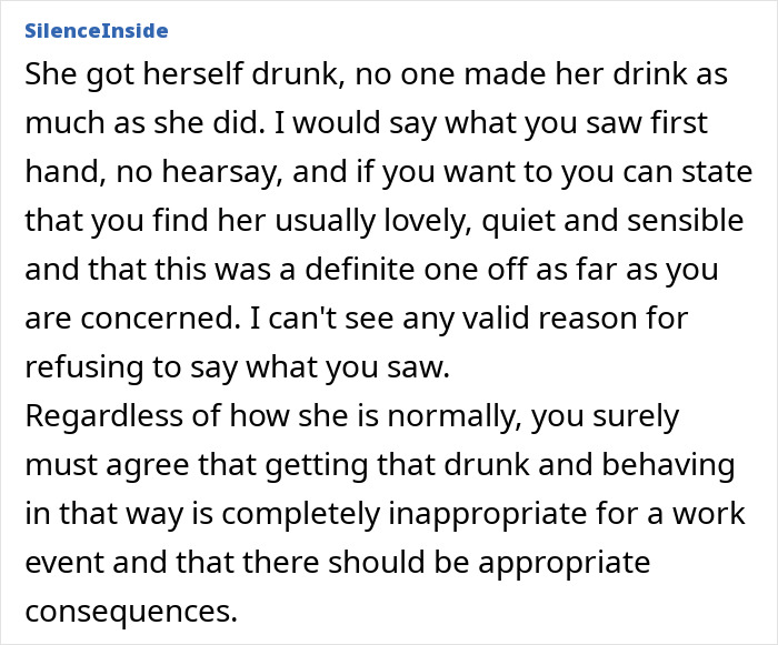 Comment discussing a woman&rsquo;s inappropriate behavior at a work event sparking a double-standard debate.