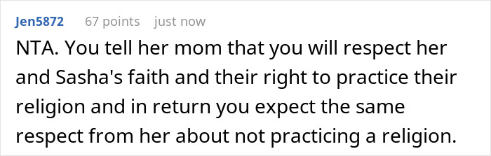 Screenshot of a user comment about respecting faith and religious beliefs in a discussion about an extremely religious lady and her daughter's boyfriend.