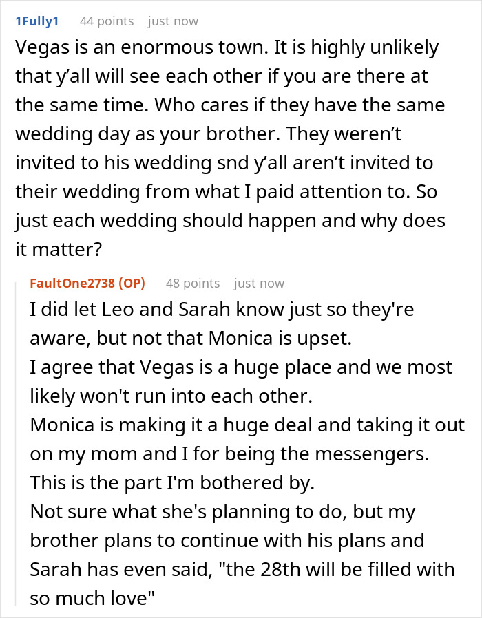 Text conversation discussing a family conflict over wedding date ownership and plans despite overlapping dates booked. Text conversation discussing a family conflict over wedding date ownership and plans despite overlapping dates booked.