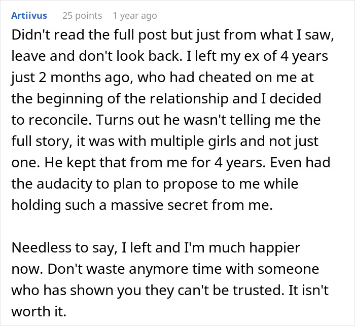 Comment describing a man discovering his wife&rsquo;s cheating involved multiple partners, revealing hidden truths years later.