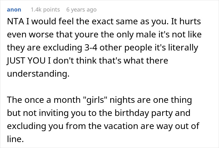Screenshot of a forum comment discussing a guy furious after family excludes him from girl days and vacation plans.