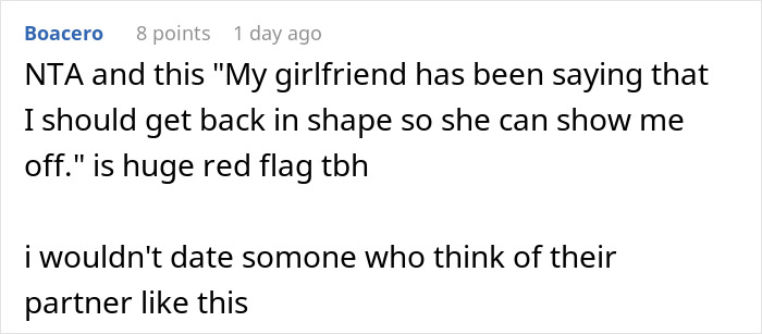 Comment discussing relationship red flags in a woman demanding her swimmer boyfriend resemble her friend&rsquo;s partner.