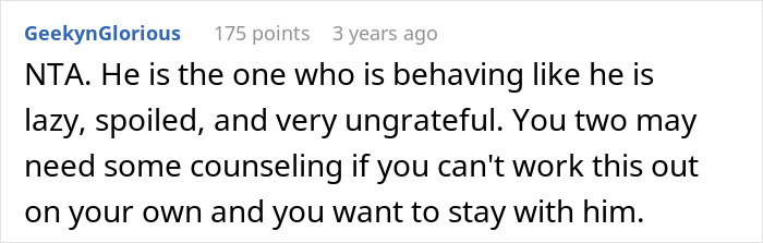 Comment on a forum discussing a working wife dropping the supermom act after criticism from her man-child husband. - 18