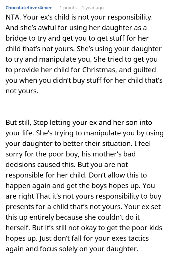 Comment discussing dad’s lack of guilt over daughter getting many Christmas presents while half-brother gets one. Comment discussing dad’s lack of guilt over daughter getting many Christmas presents while half-brother gets one.