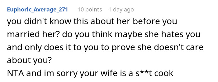 Screenshot of a forum comment discussing a wife&rsquo;s reaction after her husband embarrasses her in front of her parents.