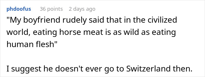 Screenshot of a Reddit comment discussing rude reactions to traditional gross food versus American dishes. Screenshot of a Reddit comment discussing rude reactions to traditional gross food versus American dishes.