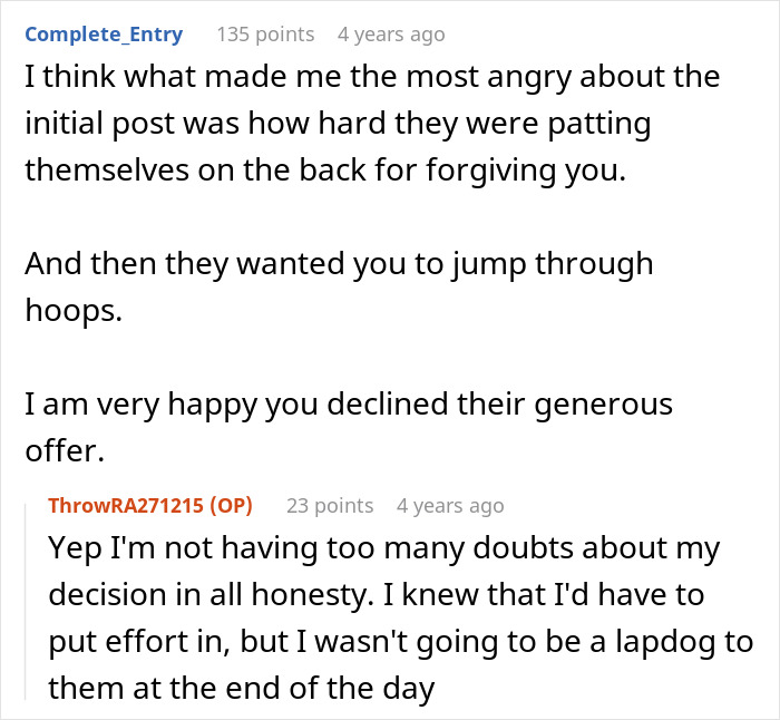 Screenshot of a forum discussion about family deciding to forgive a man for beating his brother five years ago.