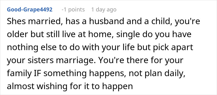 Comment discussing concerns about a sister who became a tradwife, questioning family support and intentions.