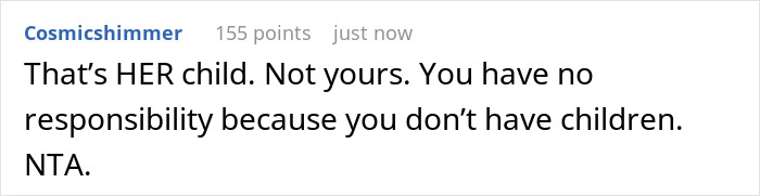 Screenshot of an online comment asserting no responsibility towards a child by a child-loathing lady refusing to be a free nanny.