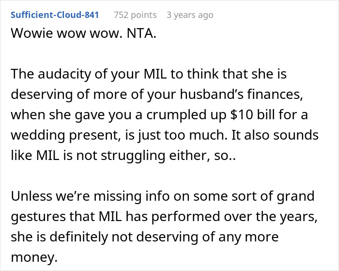 Comment from Reddit user criticizing greedy MIL wedding gift of a crumpled $10 bill, calling out entitlement and unfairness.