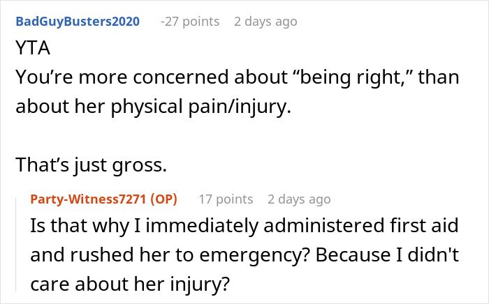 Online argument about husband warning wife against dangerous gift from her mom, wife ignoring safety concerns and causing tension.